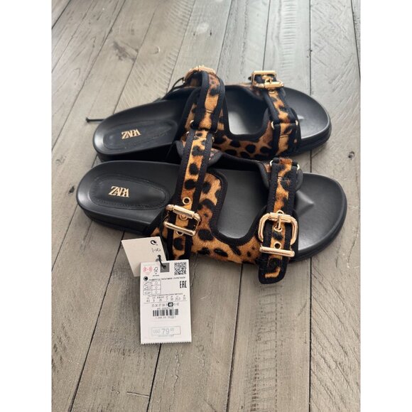 NWT ZARA ANIMAL LEOPARD PRINT LEATHER FLAT SANDALS Size 40 10 - Picture 6 of 7